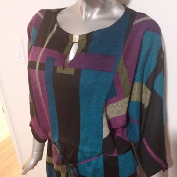 Medium Shift Dress Multicolor Color Block Batwing Sleeves Round Neck - Picture 4 of 7